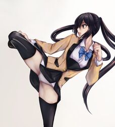  aira_(qwedcxza49) black_hair black_skirt black_thighhighs blazer blue_bow blue_bowtie bow bowtie brown_eyes clenched_hands clothes_lift collared_shirt dress_shirt female flexible floating_hair gradient_background grey_background hair_between_eyes high_kick jacket kicking leg_up long_hair long_sleeves miniskirt open_clothes open_jacket open_mouth ore_twintail_ni_narimasu panties pleated_skirt school_uniform shirt skirt skirt_lift solo standing standing_on_one_leg thighhighs tsube_aika twintails underwear very_long_hair white_background white_panties white_shirt wing_collar yellow_jacket 