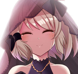  ^_^ azur_lane bare_shoulders black_dress black_gloves bow bridal_veil close-up closed_eyes collarbone commentary_request crying dress female gloves grey_hair hair_ribbon hairbow happy_tears jewelry looking_at_viewer mary_fate necklace official_alternate_costume photoshop_(medium) ribbon shade short_hair simple_background smile solo streaming_tears tears turtleneck turtleneck_dress veil wedding_dress white_background wind z23_(azur_lane) z23_(schwarze_hochzeit)_(azur_lane) 