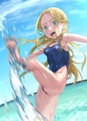  barefoot blonde_hair blue_eyes blue_one-piece_swimsuit blue_sky breasts cloud commentary_request commission commissioner_upload competition_school_swimsuit day feet female furon_(froon) highleg highleg_swimsuit highres horizon kicking kofune_ushio long_hair looking_at_viewer motion_blur one-piece_swimsuit outdoors partial_commentary school_swimsuit sky small_breasts soles solo summertime_render swimsuit toes very_long_hair water 