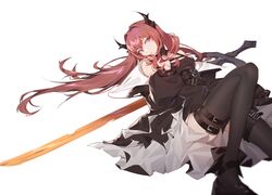  arknights chest_strap demon_girl demon_horns dress female horns jacket long_hair looking_at_viewer lying newflame purple_eyes red_hair solo surtr_(arknights) sword thighhighs weapon wings 