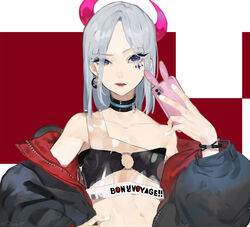  bare_shoulders black_bra black_choker black_jacket blue_eyes bra choker collarbone crop_top demon_horns earrings facial_mark female grey_hair hair_over_one_eye hand_on_own_hip hand_up highres holding holding_phone horns jacket jewelry looking_at_viewer medium_hair midriff nail_polish off_shoulder open_clothes open_jacket open_mouth original phone pink_horns puffy_sleeves see-through sleeveless solo type-alpha underwear upper_body white_nails 