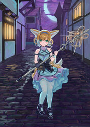  absurdres animal_ears architecture arknights blonde_hair closed_mouth dress female fox_ears fox_girl fox_tail full_body green_eyes highres house kitsune lolicon lyib material_growth md5_mismatch medieval mixed-language_commentary moon moonlight multicolored_hair oripathy_lesion_(arknights) pantyhose self-upload skirt smile solo standing suzuran_(arknights) tail two-tone_hair white_pantyhose 