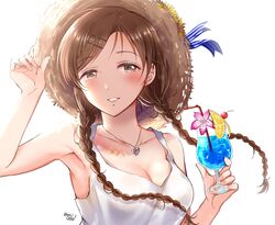  arm_up armpits backlighting bare_arms bare_shoulders blue_ribbon blush braid breasts brown_eyes brown_hair cherry cleavage collarbone commentary_request cup dolphin_pendant drink drinking_glass drinking_straw female fingernails flower food fruit gen_(enji) hair_ornament hairclip hand_on_headwear hand_up hat hat_flower hat_ribbon heart heart_pendant highres holding holding_cup idolmaster idolmaster_cinderella_girls jewelry long_hair looking_at_viewer medium_breasts necklace nitta_minami orange_(fruit) orange_slice parted_bangs parted_lips pendant pink_flower ribbon shirt simple_background sleeveless sleeveless_shirt smile solo straw_hat striped striped_ribbon sun_hat tropical_drink twin_braids twitter_username upper_body white_background white_shirt yellow_flower 