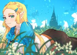  ass bird blonde_hair blue_eyes blush braid castle cloud commentary_request day eyelashes female flower gloves grass hair_ornament hairclip hanaberin hyrule_castle juliet_sleeves long_hair long_sleeves looking_at_viewer lying on_stomach outdoors pointy_ears princess_zelda puffy_sleeves sidelocks sky smile solo the_legend_of_zelda the_legend_of_zelda:_breath_of_the_wild 