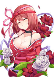  blush bob_cut bow breasts chocolate_cosmos_(flower_knight_girl) cleavage closed_eyes closed_mouth cosmos_(flower) ennishi facing_viewer female flower flower_knight_girl hair_ribbon hairbow japanese_clothes kimono large_breasts leaf name_connection object_namesake petals pink_bow pink_ribbon red_bow red_flower red_hair red_kimono red_ribbon ribbon rose shiny_skin short_hair simple_background smile solo upper_body white_background white_flower white_rose 