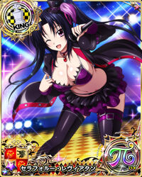  bikini bikini_top_only bikini_under_clothes black_hair breasts card_(medium) character_name chess_piece female hair_ribbon high_school_dxd high_school_dxd_pi jacket jewelry king_(chess) large_breasts long_hair looking_at_viewer microphone miniskirt official_art one_eye_closed open_clothes open_mouth pendant pink_eyes ribbon serafall_leviathan skirt smile solo swimsuit thighhighs trading_card twintails 