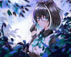  animare aqua_neckerchief black-framed_eyewear black_gloves black_hair black_shirt blurry blurry_foreground female glasses gloves highres kanino_omiso long_sleeves looking_at_viewer looking_to_the_side multicolored_hair nanashi_inc. neckerchief oura_rukako oura_rukako_(1st_costume) polka_dot_neckerchief semi-rimless_eyewear shirt short_hair sideways_glance smile solo streaked_hair upper_body vest virtual_youtuber white_hair white_vest 