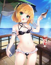  2drr animal_ears arm_up beach beach_umbrella bikini black_bikini blonde_hair breasts cloud coffee commentary cup day fake_animal_ears female food frilled_bikini frills gochuumon_wa_usagi_desu_ka? green_eyes groin hairband highres holding ice_cream kirima_syaro lolita_hairband lowleg lowleg_bikini navel ocean open_mouth outdoors rabbit_ears short_hair sky small_breasts solo spilling sundae swimsuit table teacup thighs tray umbrella 