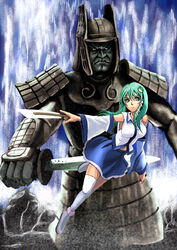  armor breasts commentary_request crossover daimajin daimajin_(series) detached_sleeves female frog gohei green_eyes green_hair hair_ornament impossible_clothes kochiya_sanae large_breasts long_hair nyoruniru photoshop_(medium) snake sword thighhighs tokusatsu touhou water waterfall weapon white_thighhighs 