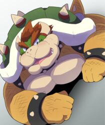  anthro biped bowser hair horn koopa lying male mario_bros muscular muscular_anthro muscular_male nintendo on_front open_mouth pecs scalie shirosaru solo spicks teeth 