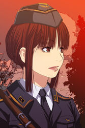  brown_eyes brown_hair copyright_request female lips lipstick makeup military military_uniform mr.romance short_hair solo sunset uniform 