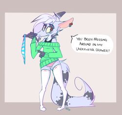  2015 american_opossum anthro biped border bottomwear bow_(feature) bow_accessory bow_legwear bow_thigh_highs clothed clothing clothing_bow dialogue ear_bow ear_markings ear_piercing english_text eye_markings eyebrows facial_markings female front_view fur gesture green_clothing grey_background grey_body grey_fur grey_hair grey_markings grey_nose grey_stripes hair hand_gesture head_markings holding_clothing holding_object holding_panties holding_underwear kaizy legwear mammal markings marsupial multicolored_hair no_pupils outside_border owleyes panties partial_line_speech_bubble pattern_bottomwear pattern_clothing pattern_panties pattern_underwear piercing plantigrade pointing raised_eyebrow red_eyes ribbons ring_(marking) ringed_tail sharp_teeth simple_background solo speech_bubble standing stockings striped_body striped_bottomwear striped_clothing striped_fur striped_markings striped_panties striped_tail striped_underwear stripes sweater tail tail_markings tail_on_ground teeth text thigh_highs topwear twin_bows twin_clothing_bows underwear white_clothing white_hair 