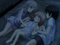  1boy 2girls arizuki_shiina barefoot bed black_hair bloomers blue_eyes blush closed_eyes couple game_cg holding_hands kud_wafter legs little_busters! lolicon long_hair lying multiple_girls na-ga naoe_riki noumi_kudryavka on_back on_side open_mouth orange_hair pajamas short_hair sleeping straight underwear very_long_hair white_hair 