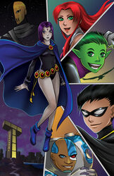  2girls 4boys alien bald beast_boy beast_boy_(dc) belt bindi black_hair blue_eyes building cape cartoon_network changeling city cloak cyborg cyborg_(dc) dark_skin dc_comics deathstroke dick_grayson domino_mask forehead_jewel garfield_logan green_eyes green_hair green_skin island leotard long_hair mask multiple_boys multiple_girls night night_sky one-eyed pale_skin raven_(dc) robin_(dc) sky slade_wilson smile starfire teen_titans victor_stone 