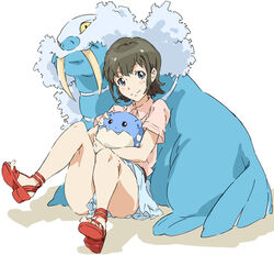  blue_eyes blush brown_hair closed_eyes commentary_request crossover fangs female full_body hayashida_airi looking_at_viewer mole mole_under_eye pokemon pokemon_(creature) sandals short_hair simple_background sitting skirt smile spheal thighs toes umanosuke wake_up_girls! walrein white_background 