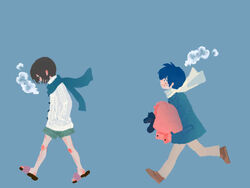  1boy bad_id bad_pixiv_id cold female jpeg_artifacts kaito_(vocaloid) lolicon male_focus meiko_(vocaloid) nashi48 photoshop_(medium) running scarf shorts siblings sisters twins vocaloid winter 