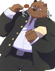  anthro bear belt bottomwear canid canine clothed clothing eating food fur hair male mammal pants school_uniform shirosaru shirt simple_background slightly_chubby solo teeth topwear undershirt uniform 