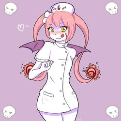  &gt;_&lt; artist_request blood blood_on_face blush borrowed_character bottomless buttons closed_eyes colored_skin cowboy_shot demon_wings ebola-chan female flower hair_flower hair_ornament hat heart jpeg_artifacts legs_together long_hair looking_at_viewer nurse nurse_cap original pale_skin personification pink_hair purple_background short_sleeves sidelocks simple_background skull solo spoken_heart tongue tongue_out twintails white_skin wings yellow_eyes 