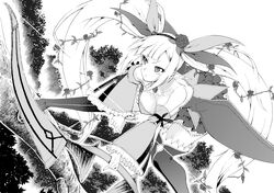  absurdres bow bow_(weapon) commentary_request detached_sleeves elf female flower greyscale hair_flower hair_ornament hairbow highres monochrome oku_hideki photoshop_(medium) pointy_ears rose sennen_sensou_aigis solo spica_(sennen_sensou_aigis) thighhighs twintails weapon 