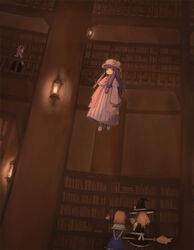  4girls agsagreen alice_margatroid blonde_hair bookshelf boots broom closed_eyes commentary crescent crescent_hat_ornament crescent_pin dress floating hair_ribbon hat hat_ornament kirisame_marisa koakuma levitation library long_hair mob_cap multiple_girls patchouli_knowledge purple_hair red_hair ribbon sconce shanghai_doll touhou voile 