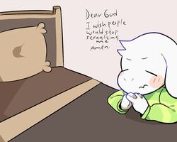  5:4 anthro asriel_dreemurr bed blush boss_monster_(undertale) bovid caprine closed_eyes clothed clothing conditional_dnp crybleat fur furniture lolicon long_ears male mammal praying simple_background solo sweater topwear undertale undertale_(series) white_background white_body white_fur young 