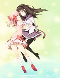  2girls akemi_homura akemi_homura_(magical_girl) ayumi_(xiwu) black_hair commentary_request eye_contact face-to-face flying hair_ribbon holding_hands interlocked_fingers kaname_madoka kaname_madoka_(magical_girl) kneehighs long_hair looking_at_another mahou_shoujo_madoka_magica mahou_shoujo_madoka_magica_(anime) multiple_girls orange_eyes pantyhose photoshop_(medium) pink_hair profile purple_eyes purple_skirt ribbon short_hair skirt socks twintails water white_socks 