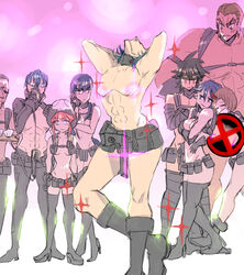  4girls 5boys abs adjusting_eyewear bad_id bad_pixiv_id belt black_gloves black_hair blindfold blue_hair boots breasts brown_hair censored chest_harness cleavage crossed_arms detached_sleeves fabulous gamagoori_ira glasses gloves glowing_nipples gun handgun harness head_back head_rest height_difference holster hug hug_from_behind iida_(iroennpitu) inumuta_houka jakuzure_nonon jitome kill_la_kill kiryuuin_satsuki knee_boots long_hair mankanshoku_mako mask matoi_ryuuko mikisugi_aikurou multicolored_hair multiple_boys multiple_girls novelty_censor nudist_beach_uniform opaque_glasses phallic_symbol revealing_clothes sanageyama_uzu scar short_hair shoulder_holster small_breasts solo_focus soroi_mitsuzou sparkle streaked_hair thick_eyebrows thigh_boots thighhighs topless_male tray utility_belt weapon 