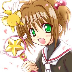  bad_id bad_pixiv_id brown_hair cardcaptor_sakura cherry_blossoms female green_eyes hinata_mirun hoshi_no_tsue kero_(cardcaptor_sakura) kinomoto_sakura magical_girl petals school_uniform serafuku short_hair solo_focus tomoeda_elementary_school_uniform wand 