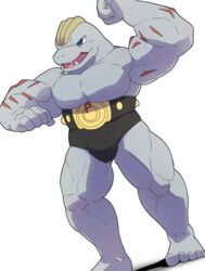  anthro belt biceps big_muscles bulge clothed clothing fangs feet flexing generation_1_pokemon humanoid machoke male mammal muscular muscular_anthro muscular_male nintendo open_mouth pecs pokemon pokemon_(species) shirosaru simple_background solo speedo swimwear teeth toes tongue topless underwear 