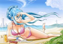  anklet aoki_hagane_no_arpeggio barefoot beach bikini blue_eyes blue_hair breasts can cleavage cloud commentary_request day drink_can female front-tie_top full_body jewelry long_hair lying medium_breasts mole mole_under_mouth navel o-ring o-ring_bikini on_side oshiyon outdoors pink_bikini ponytail shading_eyes sky soda_can solo sunglasses swimsuit takao_(aoki_hagane_no_arpeggio) unworn_eyewear wind 