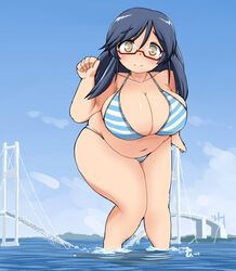  banned_artist belly bikini blue_hair breasts bridge brown_eyes cleavage day destruction giantess glasses huge_breasts long_hair looking_at_viewer mikomu original plump smile solo striped striped_bikini swimsuit thighs water 