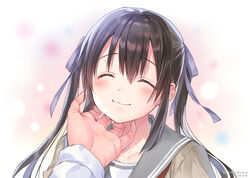  1boy :3 blush check_commentary closed_eyes closed_mouth collarbone commentary commentary_request facing_viewer female hair_ribbon hand_on_another&#039;s_chin hanekoto imouto_(hanekoto) long_sleeves multicolored_background original pov pov_hands purple_ribbon ribbon school_uniform serafuku sidelocks smile solo_focus stroking_another&#039;s_chin twintails twitter_username upper_body 