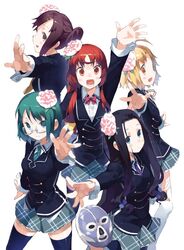  5girls anrakutei_kukuru black_hair blonde_hair bouhatei_tetora brown_eyes buratei_marii flower glasses hair_flower hair_ornament haroukitei_kigurumi joshiraku kuurubiyuutei_gankyou long_hair looking_at_viewer multiple_girls necktie open_mouth red_hair school_uniform short_hair skirt smile thighhighs uniform yasu 