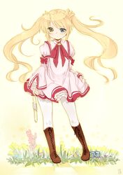  absurdres blonde_hair boots commentary_request dress eyepatch female heterochromia highres kazamatsuri_institute_high_school_uniform lolita_fashion long_hair nakatsu_shizuru natsu_(norari_kurari) pantyhose rewrite school_uniform solo standing twintails unworn_eyepatch very_long_hair white_pantyhose 