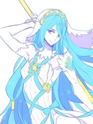  anklet azura_(fire_emblem) blue_hair blush commentary_request dress female fire_emblem fire_emblem_fates fire_emblem_heroes hair_between_eyes jewelry long_hair simple_background smile veil very_long_hair yellow_eyes zbrk 