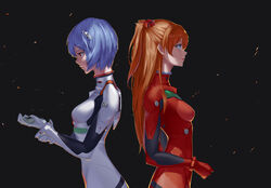  2girls ayanami_rei black_background blue_eyes blue_hair bodysuit breasts clenched_teeth commentary_request from_side headgear highres interface_headset long_hair looking_afar multiple_girls neon_genesis_evangelion orange_hair parted_lips photoshop_(medium) plugsuit red_bodysuit red_eyes short_hair simple_background skin_tight small_breasts souryuu_asuka_langley takamitsu-kun teeth two_side_up upper_body white_bodysuit 