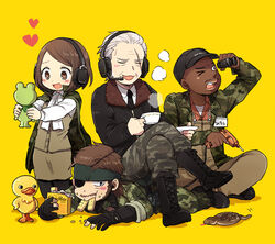  3boys 50yen_(gojiue) :d arm_up baseball_cap big_boss binoculars bird black_eyes black_footwear black_gloves black_hat black_legwear black_necktie blue_eyes blush blush_stickers boots brown_eyes brown_hair brown_pants brown_skirt buttons caloriemate camouflage camouflage_pants closed_eyes collared_shirt commentary_request cross-laced_footwear crossed_legs cup dark_skin drill duck eating eyepatch facial_hair female food food_in_mouth food_on_face full_body gloves hat headband headset heart heart-shaped_pupils holding holding_binoculars holding_cup holding_food indian_style jacket kneeling lace-up_boots long_sleeves lying major_zero metal_gear_(series) metal_gear_solid metal_gear_solid_3:_snake_eater motion_lines moustache mouth_hold multiple_boys necktie on_back one_eye_closed open_mouth pants para-medic_(mgs3) partially_fingerless_gloves pencil_skirt saucer scar scar_across_eye scar_on_face shadow shirt shoes short_hair sigint simple_background sitting sitting_on_person skirt sleeveless sleeves_rolled_up smile smoke standing swept_bangs symbol-shaped_pupils teacup tsuchinoko uniform very_dark_skin white_hair white_shirt yellow_background zipper zipper_pull_tab 