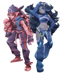  2girls bad_id bad_pixiv_id bandana bare_shoulders big_hair blue_eyes blue_hair brown_hair dark-skinned_female dark_skin dual_persona gloves goggles goggles_on_head holding holding_poke_ball layeyes long_hair midriff multicolored_hair multiple_girls multiple_persona navel poke_ball pokemon pokemon_oras pokemon_rse sandals shelly_(pokemon) team_aqua team_aqua_uniform vest white_background 