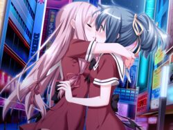  2girls arms_around_neck blush couple game_cg green_hair hair_ribbon hug imminent_kiss kani_biimu long_hair multiple_girls pink_hair ponytail ribbon school_uniform shinozaki_rikka shiny shirakawa_sayuki sono_hanabira_ni_kuchizuke_wo st._michael&#039;s_school_uniform surprised yuri 