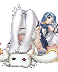  :3 blue_hair blue_skirt cape commentary_request feet female foot_on_head from_below full_body gloves highres kyuubee looking_at_another looking_down lying magical_girl mahou_shoujo_madoka_magica mahou_shoujo_madoka_magica_(anime) miki_sayaka miki_sayaka_(magical_girl) motion_lines no_shoes on_back one_eye_closed photoshop_(medium) red_eyes short_hair simple_background skirt squeezing streamingsun thigh_strap thighhighs trembling upskirt white_background white_cape white_gloves white_legwear 