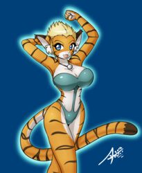  anthro avoid_posting blue_background blue_eyes bow_(disambiguation) breasts caribbean_blue domestic_cat felid feline felis female hair hi_res leoian leoian_(character) mammal pantherine pinup pose rule_63 simple_background solo standing tiger transformation white_hair 