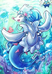  2016 accessory ambiguous_gender asterozoan blue_body blue_eyes blue_hair blue_skin bubble chinchou dashinoya detailed_background echinoderm female feral fin generation_2_pokemon generation_3_pokemon generation_7_pokemon group hair hair_accessory happy luvdisc marine nintendo pink_nose pokemon pokemon_(species) primarina solo_focus starfish starfish_(accessory) swimming underwater water white_body white_skin 