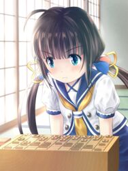  3: ahoge black_hair blue_eyes blush board_game commentary_request concentrating female hair_ribbon hinatsuru_ai indoors kamo_(rsrk) leaning_forward long_hair neckerchief ribbon ryuuou_no_oshigoto! school_uniform serafuku shogi short_sleeves solo tatami twintails v-shaped_eyebrows wavy_mouth yellow_neckerchief yellow_ribbon 