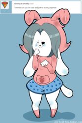  anthro anthrofied blush bottomwear canid canine clothed clothing dongitos felid female floppy_ears footprint fur grey_hair hair hi_res looking_at_viewer mammal one_eye_closed pajamas pawprint shorts smile solo tem temmie_(undertale) tired undertale undertale_(series) white_body white_fur 