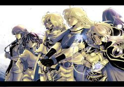  3boys 3girls amelia_wil_tesla_seyruun armor belt bobosuke bracelet brooch cape capelet closed_mouth commentary_request fingerless_gloves frown gloves gourry_gabriev hand_on_own_hip headband holding holding_sword holding_weapon interlocked_fingers jewelry letterboxed light_frown light_smile limited_palette lina_inverse long_hair looking_to_the_side magic messy_hair multiple_boys multiple_girls own_hands_together pants sepia short_hair slayers smile sword sylphiel_nels_lahda tunic weapon wind xelloss zelgadiss_graywords 