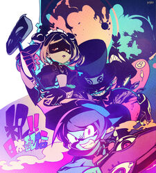  3girls andy_anvil apron artist_name avery_(skullgirls) bloody_marie_(skullgirls) commentary_request dress evil_grin evil_smile explosion extra_eyes george_the_bomb gloves grin hair_ornament hat hungern_(skullgirls) lenny_the_bomb looking_at_viewer maid maid_headdress mechanical_arms multiple_girls peacock_(skullgirls) puffy_sleeves purple_theme raincoat shaded_face sharp_teeth signature silhouette skull skull_hair_ornament skullgirls smile teeth top_hat umbrella_(skullgirls) vacuum_cleaner yojio_(2188) 