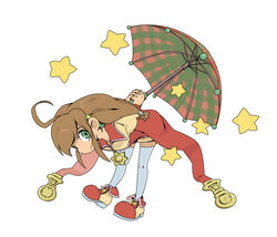  brown_hair cape coat commentary_request female full_body green_eyes hair_ornament hairband hairpin hexagram leaning lilka_eleniak long_hair low-tied_long_hair plaid_umbrella ponytail red_cape shoes sidelocks simple_background skirt smile solo star_(symbol) star_of_david thighhighs umbrella white_background white_thighhighs wild_arms wild_arms_2 yashiroku zettai_ryouiki 