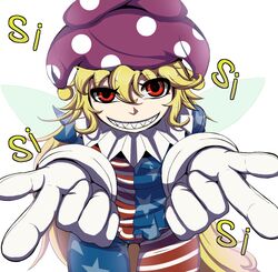  alternate_legwear american_flag_dress american_flag_legwear blonde_hair clownpiece commentary_request dress epic_armageddon fairy_wings female gloves hat highres jester_cap long_hair neck_ruff pantyhose polka_dot print_pantyhose red_eyes sharp_teeth short_dress solo star_(symbol) star_print striped_clothes striped_dress teeth touhou very_long_hair wings 