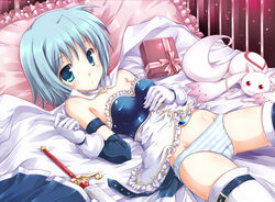  :3 bare_shoulders belt blue_eyes blue_hair blush cape commentary_request elbow_gloves female fujimoto_akio gloves kyuubee lying magical_girl mahou_shoujo_madoka_magica mahou_shoujo_madoka_magica_(anime) midriff miki_sayaka miki_sayaka_(magical_girl) no_pants on_back open_mouth panties photoshop_(medium) pillow red_eyes short_hair skirt solo_focus strapless striped_clothes striped_panties sword thighhighs underwear unworn_skirt weapon white_cape white_thighhighs 