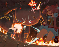  5girls akemi_homura akemi_homura_(magical_girl) arrow_(projectile) battle bow bow_(weapon) bubble_skirt commentary_request everyone explosion fire firing giant glowing glowing_eyes gun huge_weapon jumping kaname_madoka kaname_madoka_(magical_girl) kyuubee long_hair magical_girl mahou_shoujo_madoka_magica mahou_shoujo_madoka_magica_(anime) miki_sayaka miki_sayaka_(magical_girl) multiple_girls pantyhose pink_hair pon_(flying_ponpon) sakura_kyoko sakura_kyoko_(magical_girl) shingeki_no_kyojin short_hair short_twintails skirt thighhighs tiro_finale tomoe_mami tomoe_mami_(magical_girl) twintails weapon 